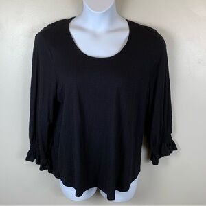 Chico's Shirt Top Women 3 /‎ XL Black Scoop Neck Ruffle Long Sleeve Cotton Blend